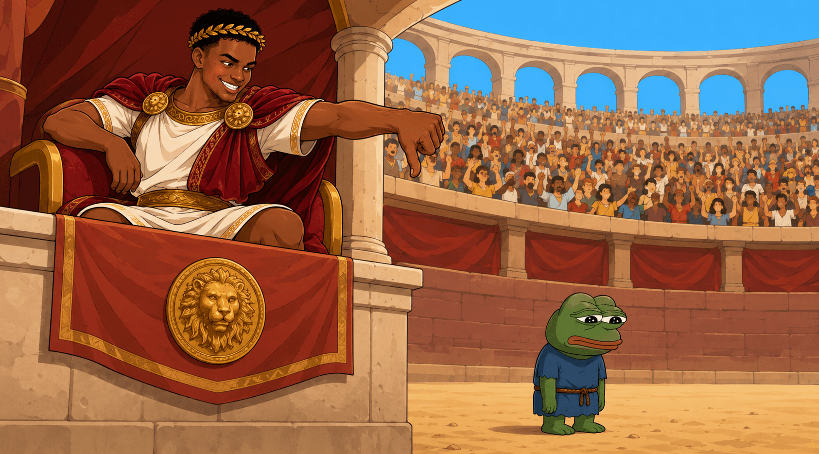 Ansemius giving thumbs down to a sad Pepe in the Colosseum